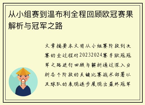 从小组赛到温布利全程回顾欧冠赛果解析与冠军之路